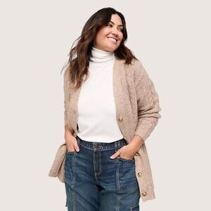 🤍 Button-Front Cable Knit Cardigan – Beige | Size 26/28 | NWOT 🤍